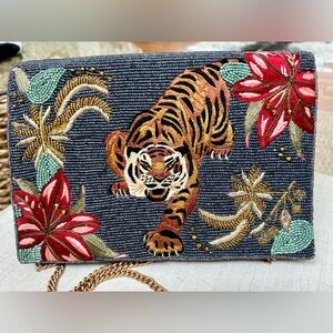 Mary Frances Fierce Beaded-Embroidered Tiger Crossbody Clutch Handbag.  NWOT.
